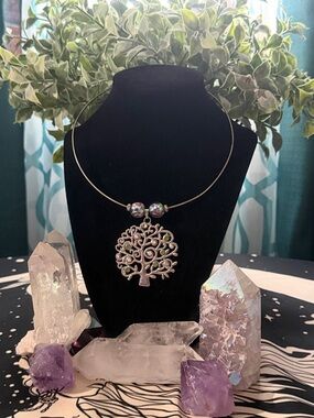 Silver Tree of Life Pendant Necklace with Charms & Crystal Accents